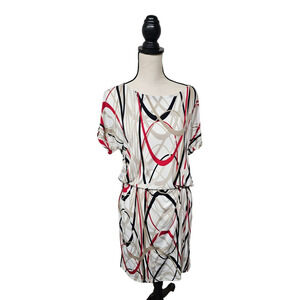 Ellen Tracy Dress Size Small Pullover Knotted Waist Geometric Print Office Midi